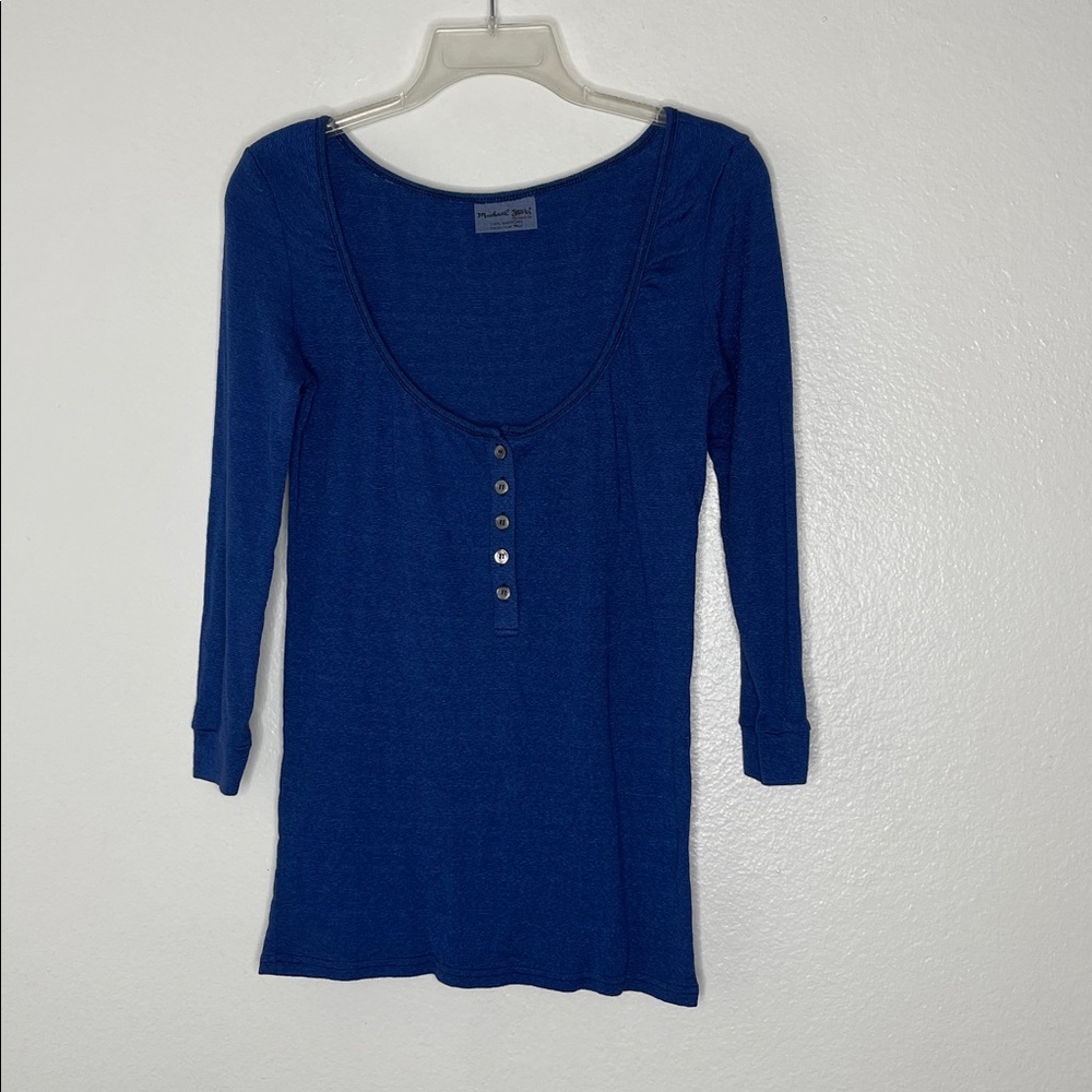 Michael Stars Scoop Neck 3/4 Sleeve Blue Stretch Tee Top One Size - Picture 1 of 5